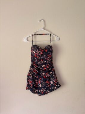 Navy Floral One-Piece Swimdress with Adjustable Straps